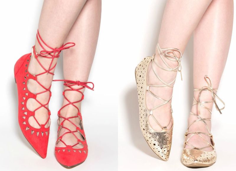 Close-up of red suede lace-up flats with cut-out details and gold metallic lace-up flats with a speckled design