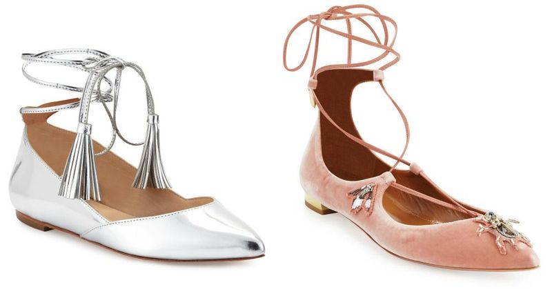 Close-up of silver metallic flats with tassel details and pink velvet flats with embellishments and ankle ties