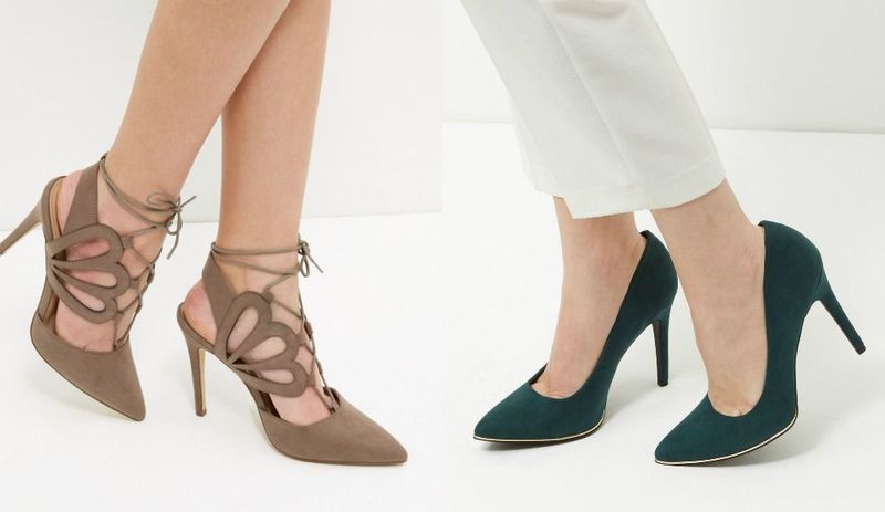 Close-up of two pairs of high heels: one in taupe with lace-up detailing and the other in teal suede with a pointed toe