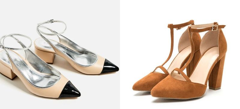 Close-up of beige and black pointed-toe slingback heels with a silver insole and brown suede ankle strap heels with a block heel