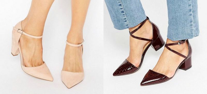 Close-up of two pairs of heels: one in nude suede with a strap and one in burgundy patent leather with a block heel