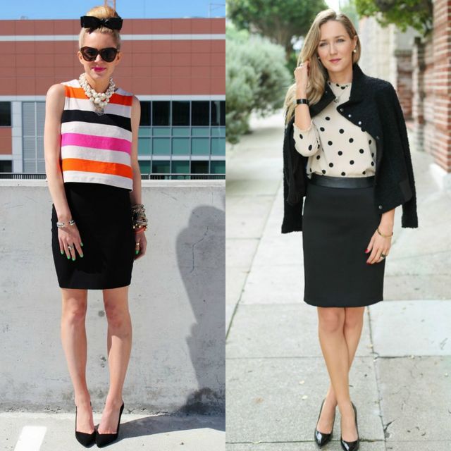 Woman wearing a multicolored striped sleeveless top, black pencil skirt, and black high heels with a statement necklace  
Woman in a cream polka dot sweater, black pencil skirt, and black pumps with a black cardigan and bracelets