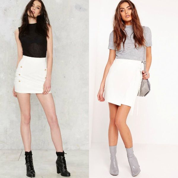 Woman wearing a black mesh top, white mini skirt with button details, and black ankle boots on the left; woman in a gray striped top, white wrap mini skirt, and gray heeled ankle boots on the right