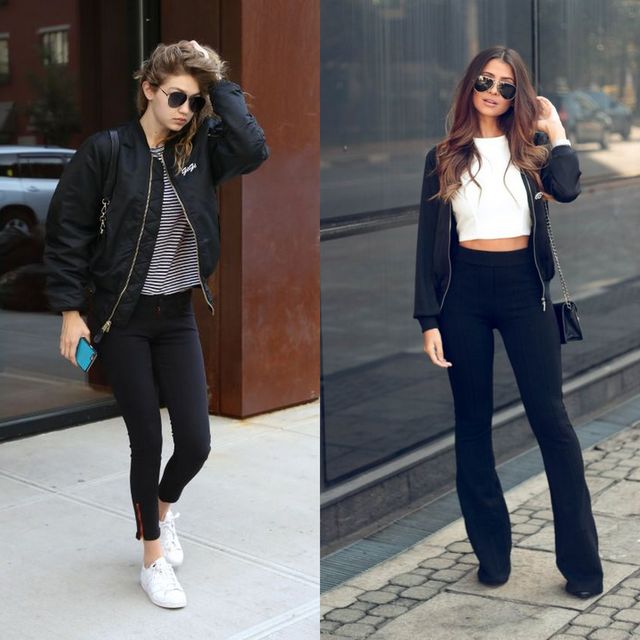 Woman wearing a black bomber jacket, striped top, black skinny jeans, and white sneakers on the left; woman in a black cropped top, black flared pants, and sunglasses on the right