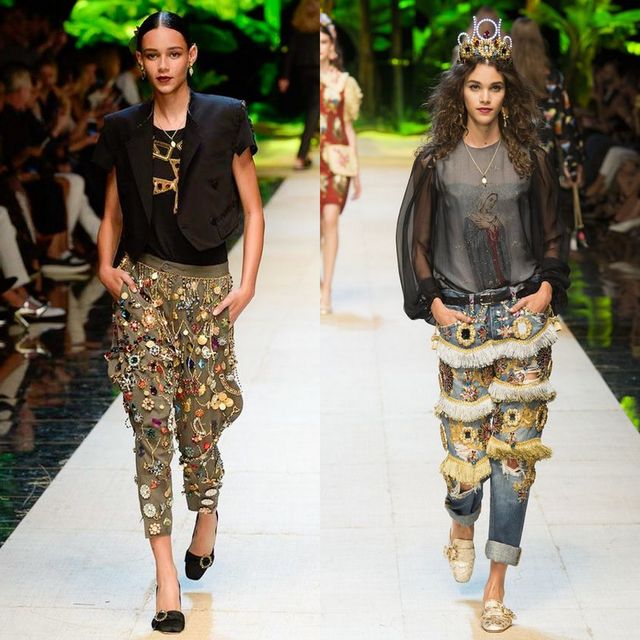 Two women wearing embellished cargo pants, one with a black cropped jacket and the other with a sheer black top, both paired with decorative flats