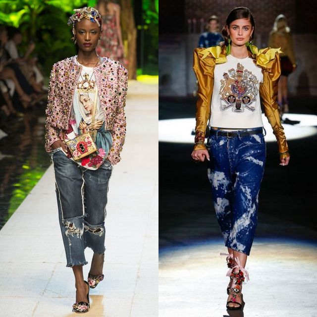 Woman wearing a pink embellished jacket, graphic t-shirt, distressed denim jeans, and floral sandals on the left; woman in a gold puff-sleeve top, graphic sweatshirt, and tie-dye jeans with embellished heels on the right