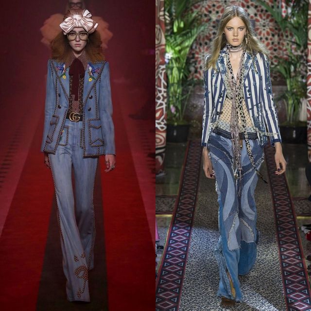 Woman wearing a blue denim suit with decorative patches and flared trousers, paired with a beige blouse and a patterned scarf