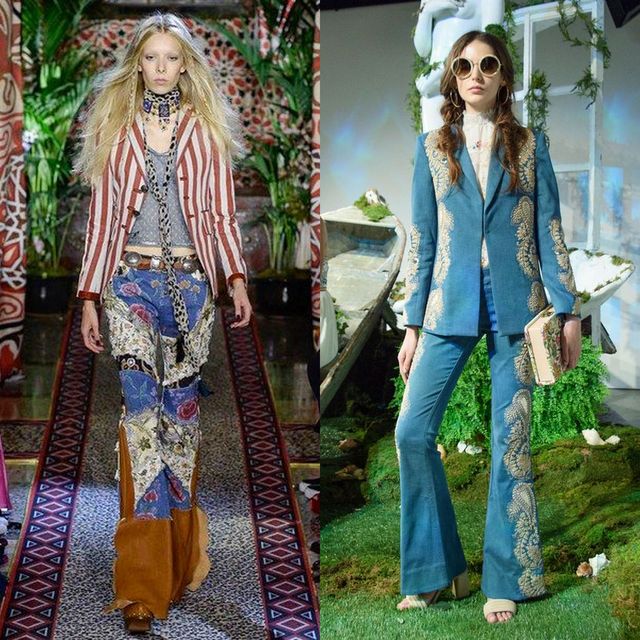 Woman wearing a striped blazer, patterned flared jeans, and brown platform boots on the left; woman in a blue embroidered suit with flared pants and oversized sunglasses on the right