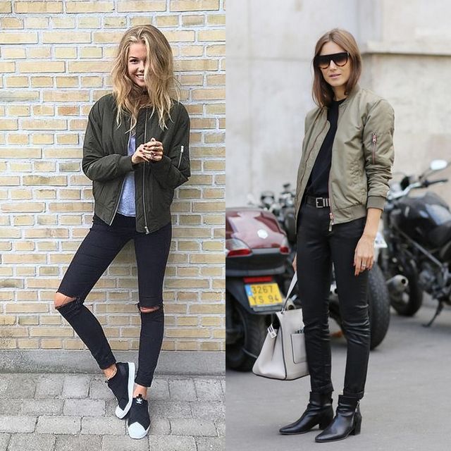 Outfits with black skinny jeans and kaki bomber jacket Woman wearing an olive green bomber jacket, grey t-shirt, black ripped skinny jeans, and black slip-on sneakers. Woman in a grey bomber jacket, black turtleneck, black skinny jeans, and black ankle boots with a white handbag
