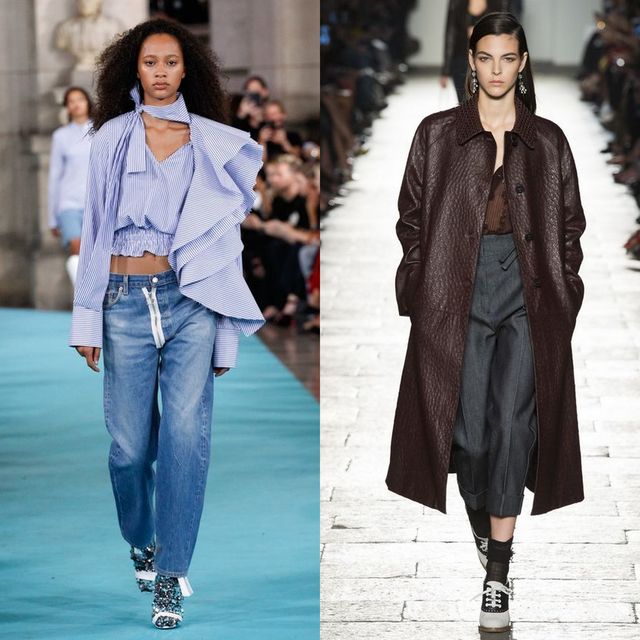 Woman wearing a blue and white striped off-the-shoulder top, distressed denim jeans, and patterned sneakers; woman in a burgundy leather coat, brown top, and wide-leg trousers with black sneakers