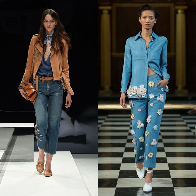 Woman wearing a tan suede jacket, blue blouse, distressed blue jeans, and brown loafers on the left; woman in a light blue denim shirt, embroidered blue jeans, and white slip-on shoes on the right