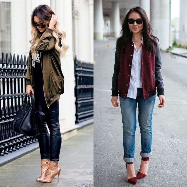 Woman wearing an olive green bomber jacket, black top, black leather leggings, and nude strappy heels. Woman in a maroon and grey varsity jacket, white button-up shirt, and cuffed blue jeans with burgundy pumps