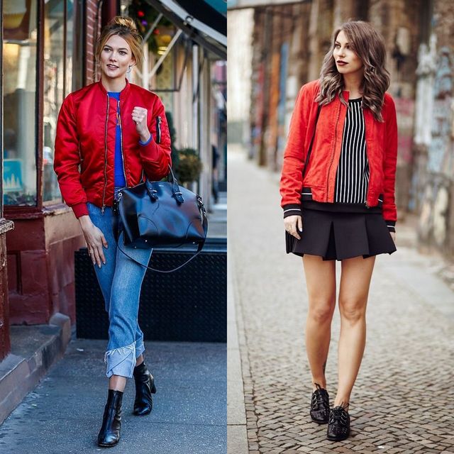 Woman wearing a red bomber jacket, blue cropped jeans, and black ankle boots, carrying a black handbag. Woman in a red bomber jacket, black and white striped top, and a black skater skirt with black ankle boots