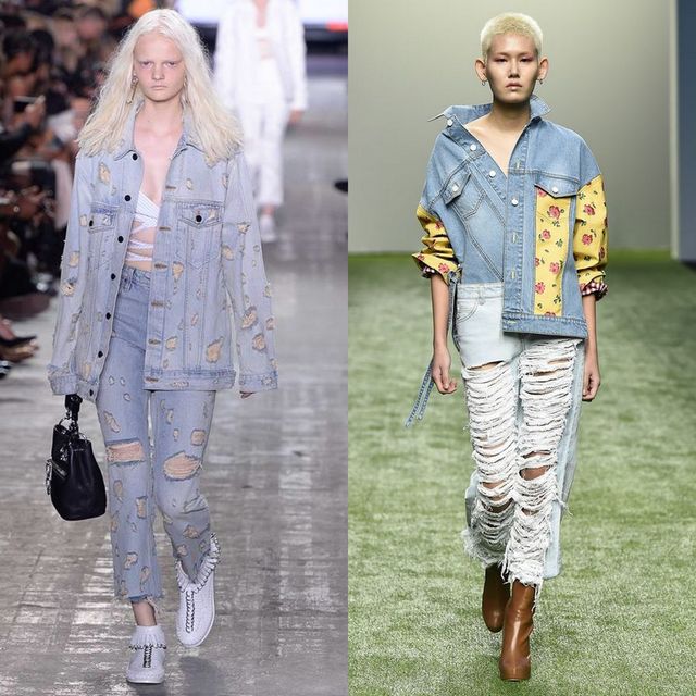 Woman wearing a distressed denim jacket and jeans with white sneakers, alongside another woman in a color-blocked denim jacket and ripped jeans with brown ankle boots