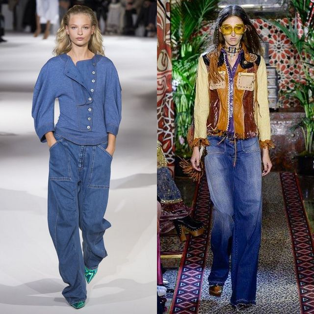 Woman wearing a blue button-up jacket, wide-leg denim jeans, and green heels, alongside another woman in a brown fringed vest, denim shirt, and flared jeans with yellow sunglasses