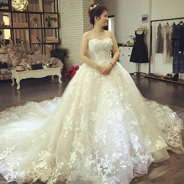 Woman in a strapless ivory ball gown with floral lace appliqué and a long tulle train
