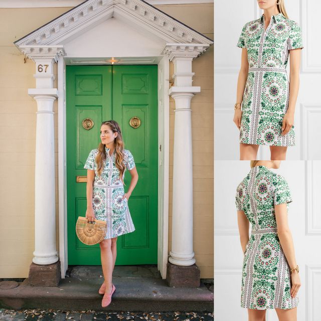 Woman wearing a green and white patterned shirt dress with a front zipper and pink flats, holding a straw bag