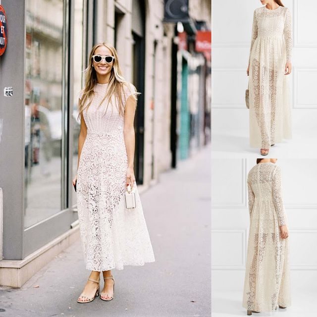 Woman wearing a white lace maxi dress with a fitted bodice and flared skirt, paired with beige block-heeled sandals and oversized sunglasses