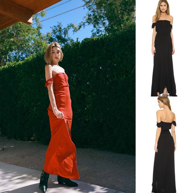 Woman wearing a red off-the-shoulder maxi dress with a thigh-high slit and black ankle boots