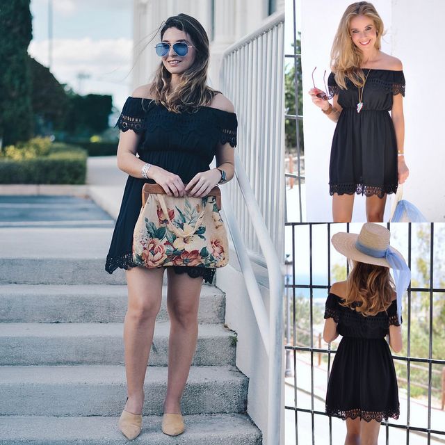 Woman wearing a black off-the-shoulder dress with lace trim, beige flats, and carrying a floral handbag