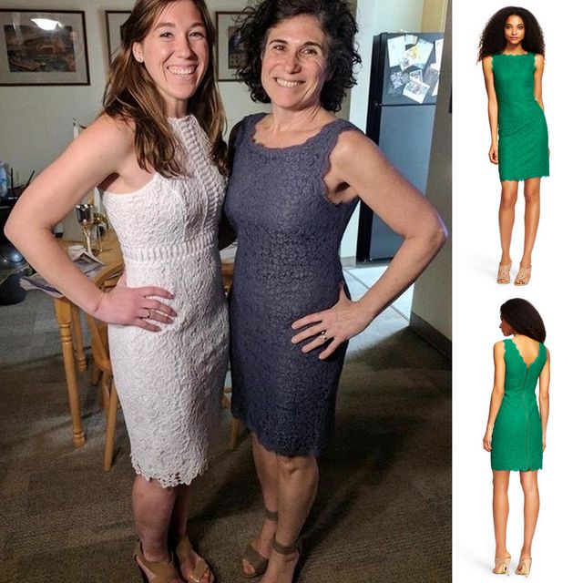 Woman wearing a white lace dress and a woman in a navy lace dress, both with strappy heels