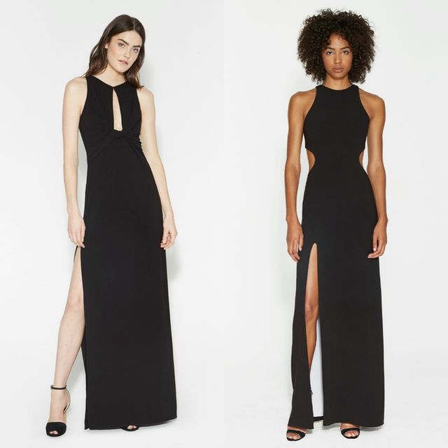 Woman wearing a black sleeveless gown with a cutout detail and side slits, paired with black high-heeled sandals