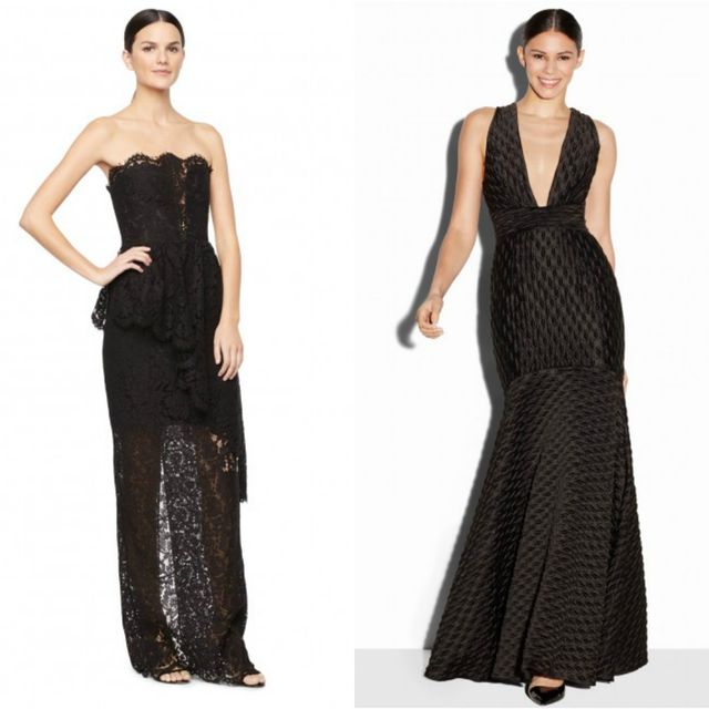 Woman wearing a black lace strapless gown with a peplum detail and another woman in a black textured deep V-neck gown