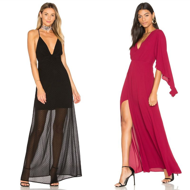 Woman wearing a black polka dot maxi dress with a plunging neckline and a woman in a burgundy wrap dress with a thigh-high slit and strappy heels