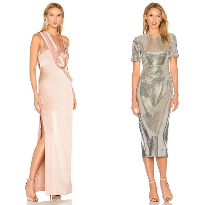 Woman wearing a blush satin gown with a draped neckline and a thigh-high slit, and a woman in a silver sequined midi dress with short sleeves
