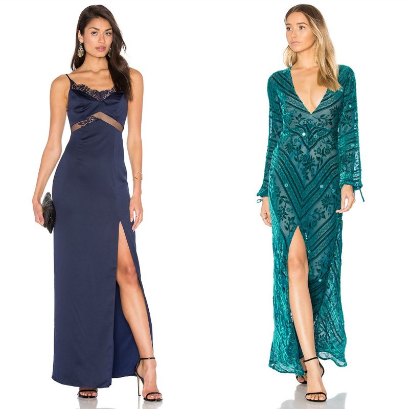 Woman wearing a navy blue satin gown with lace detailing and a thigh-high slit, and another woman in a teal sequined gown with long sleeves and a deep V-neck