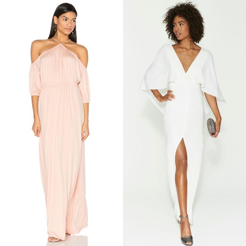 Woman in a blush off-the-shoulder maxi dress and woman in a white V-neck gown with a thigh-high slit and cape sleeves