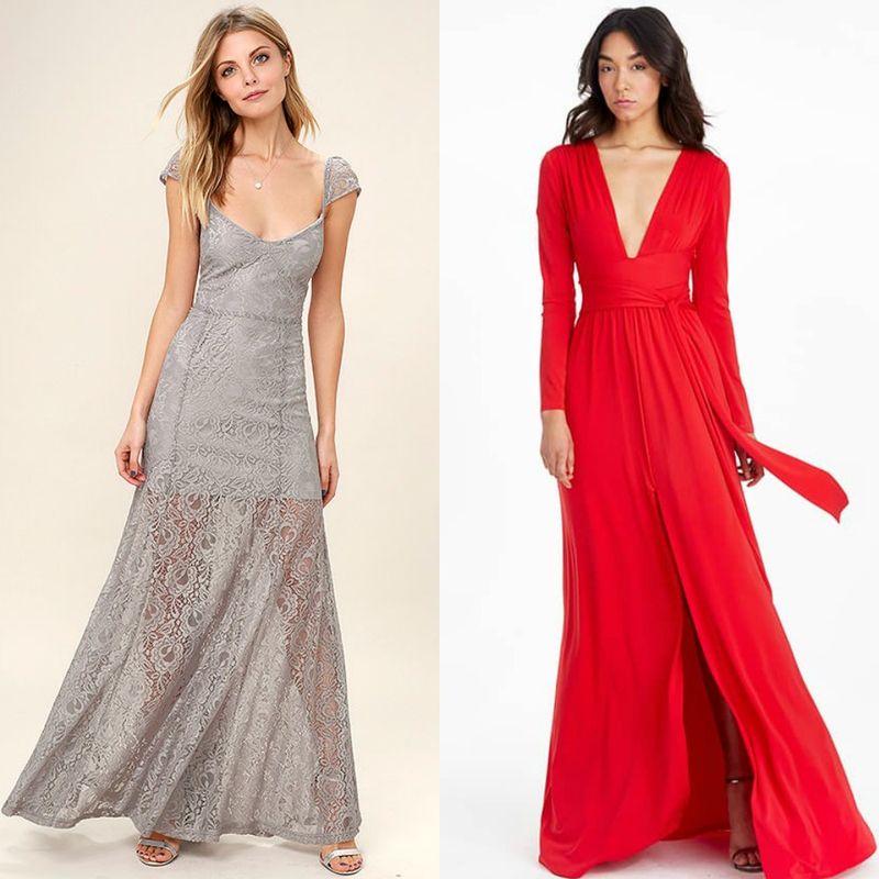 Woman wearing a grey lace maxi dress with cap sleeves and a woman in a red long-sleeve wrap dress with a deep V-neck