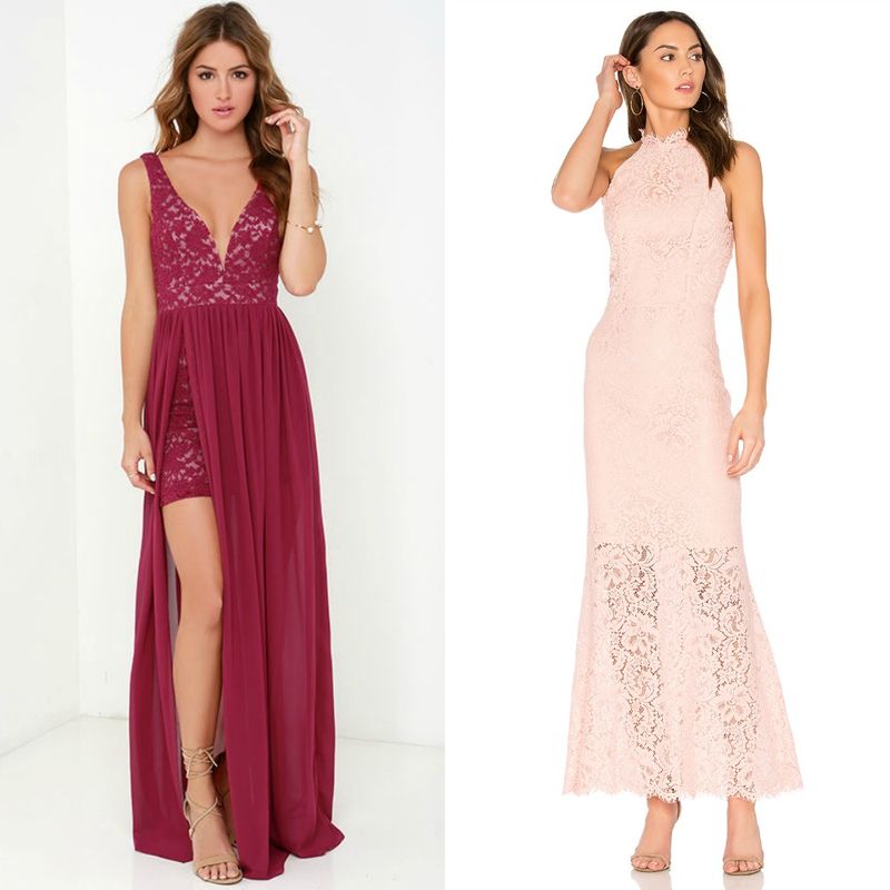 Woman wearing a burgundy lace maxi dress with a deep V-neck and high slit, and a woman in a blush pink lace gown with a high neckline and fitted silhouette