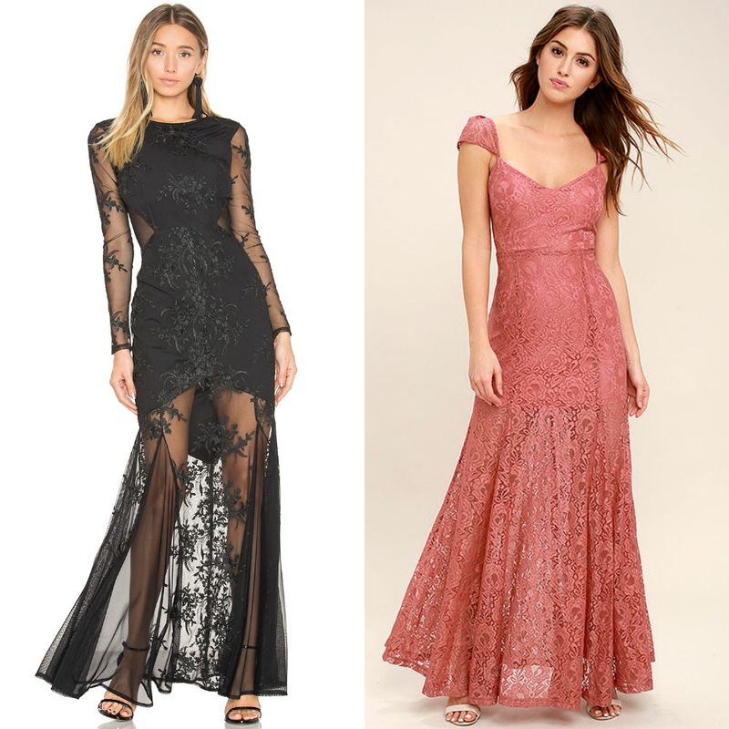 Woman wearing a black sheer lace gown with long sleeves and a pink lace mermaid dress with cap sleeves