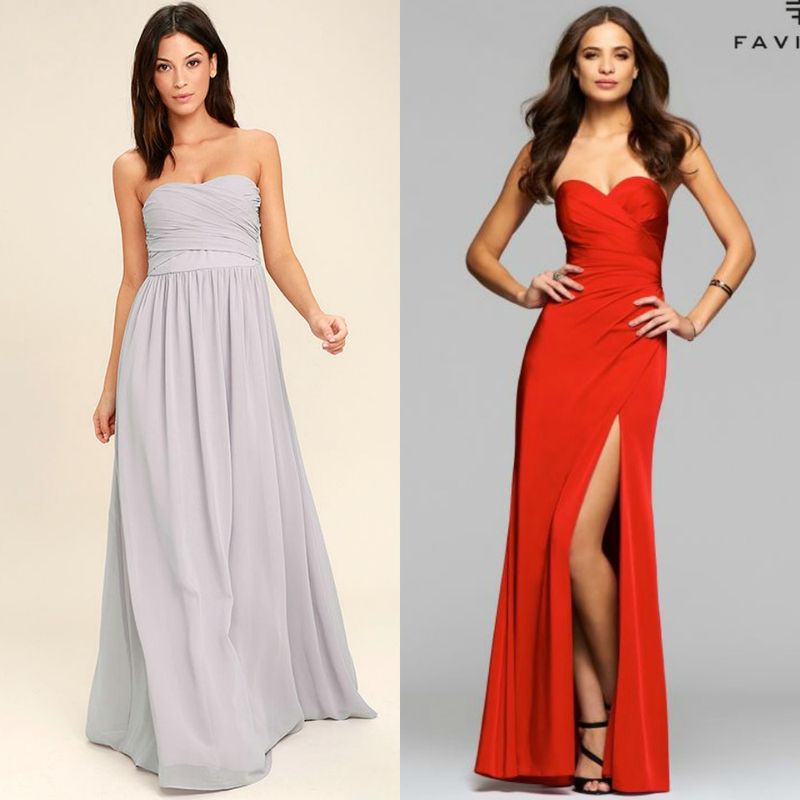 Woman in a light gray strapless gown with a flowing skirt and woman in a red strapless gown with a thigh-high slit