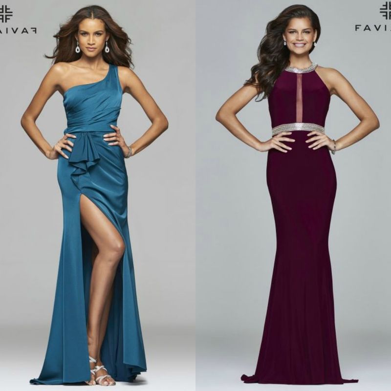 Woman wearing a teal one-shoulder gown with a thigh-high slit and silver sandals, alongside a woman in a burgundy sleeveless gown with a beaded neckline