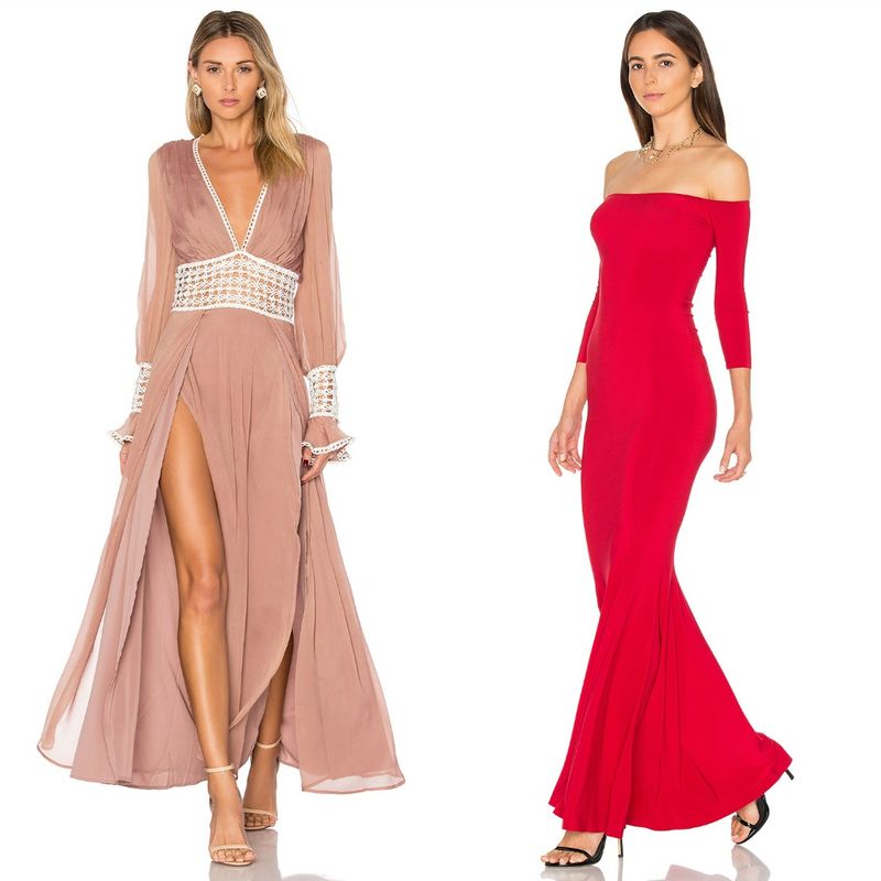 Woman wearing a beige long-sleeve maxi dress with a deep V-neck and side slit, and another woman in a red off-the-shoulder fitted gown with a flared hem