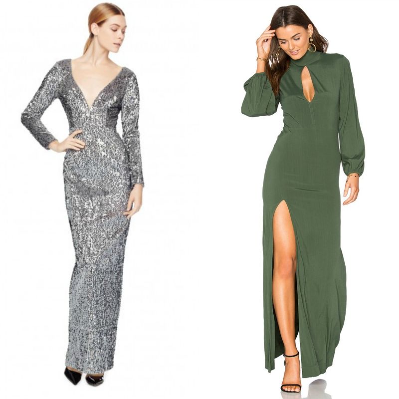 Woman in a silver sequin gown with long sleeves and a deep V-neck, and another woman in a green maxi dress with a high slit and long sleeves