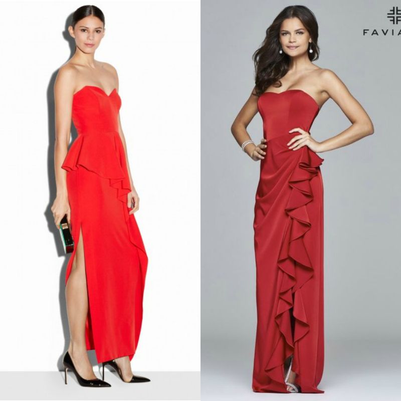 Woman in a red strapless gown with ruffle detailing and a thigh-high slit, paired with black pointed-toe heels