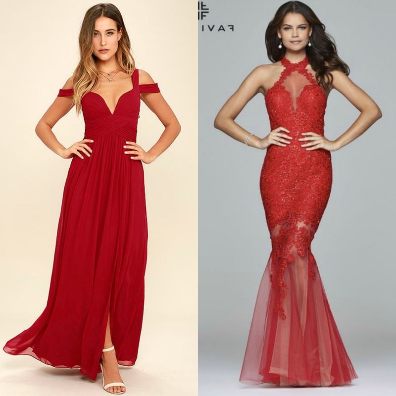 Woman wearing a red off-the-shoulder maxi dress and another woman in a red lace mermaid gown with a sheer overlay