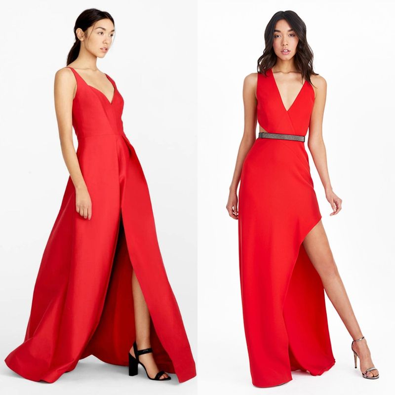 Woman in a red sleeveless gown with a deep V-neck and high slit, paired with black strappy heels