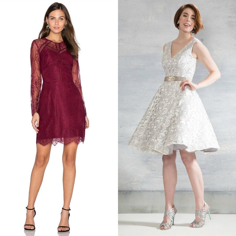 Woman wearing a burgundy lace dress with long sleeves and black strappy heels, alongside a woman in a white fit-and-flare dress with a silver belt and light blue heels