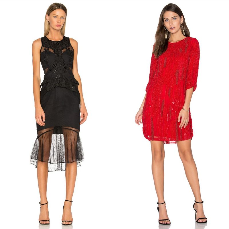 Woman wearing a black beaded sleeveless dress with a sheer hem and another woman in a red sequined long-sleeve dress with black strappy heels