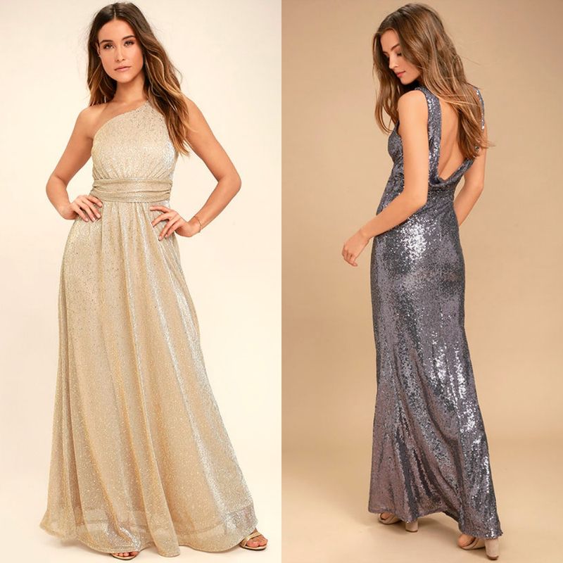 Woman in a gold one-shoulder sequin gown and a silver backless sequin gown