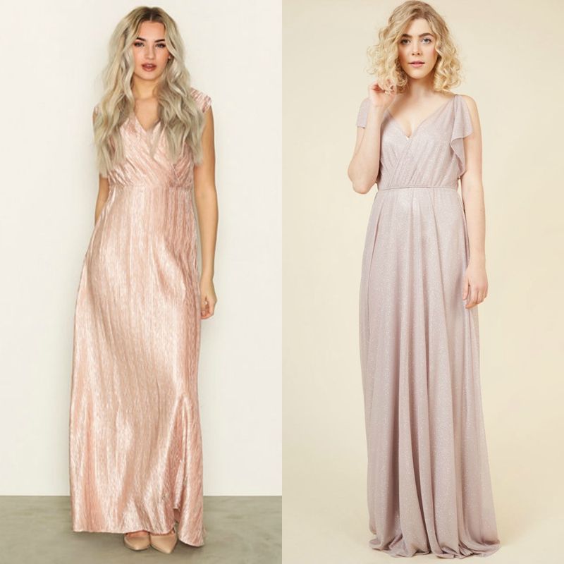 Woman wearing a rose gold maxi dress with a v-neck and cap sleeves, and another woman in a light grey maxi dress with flutter sleeves and a v-neck