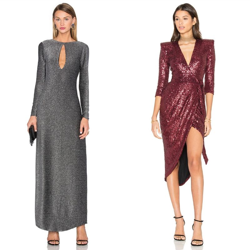 Woman in a silver long-sleeve gown with a keyhole cutout and a burgundy sequin dress with a thigh-high slit and three-quarter sleeves