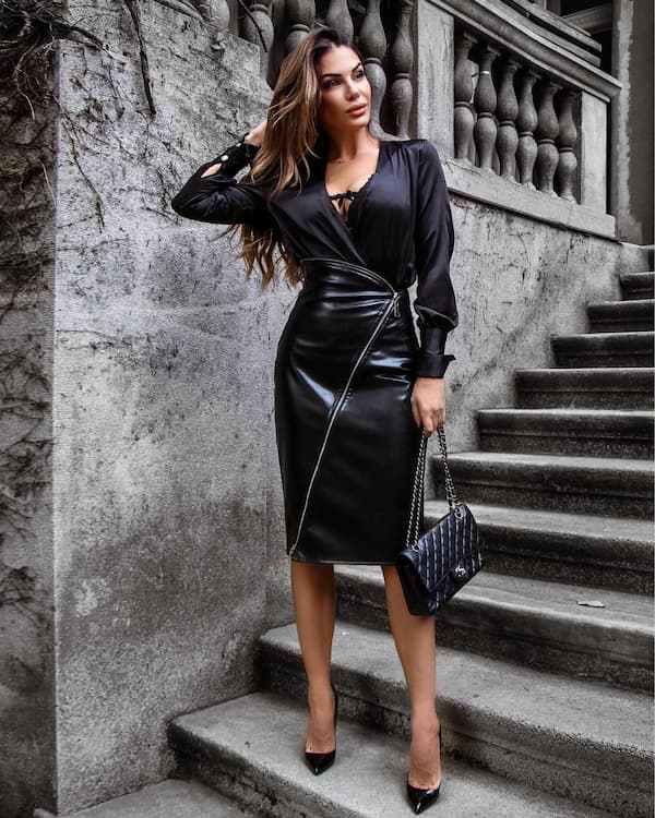 Black leather skirt outfit