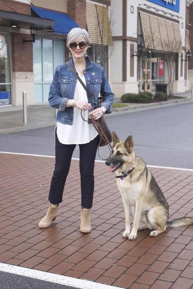 Stylished casual outfit for 50 year old woman with ankle boots