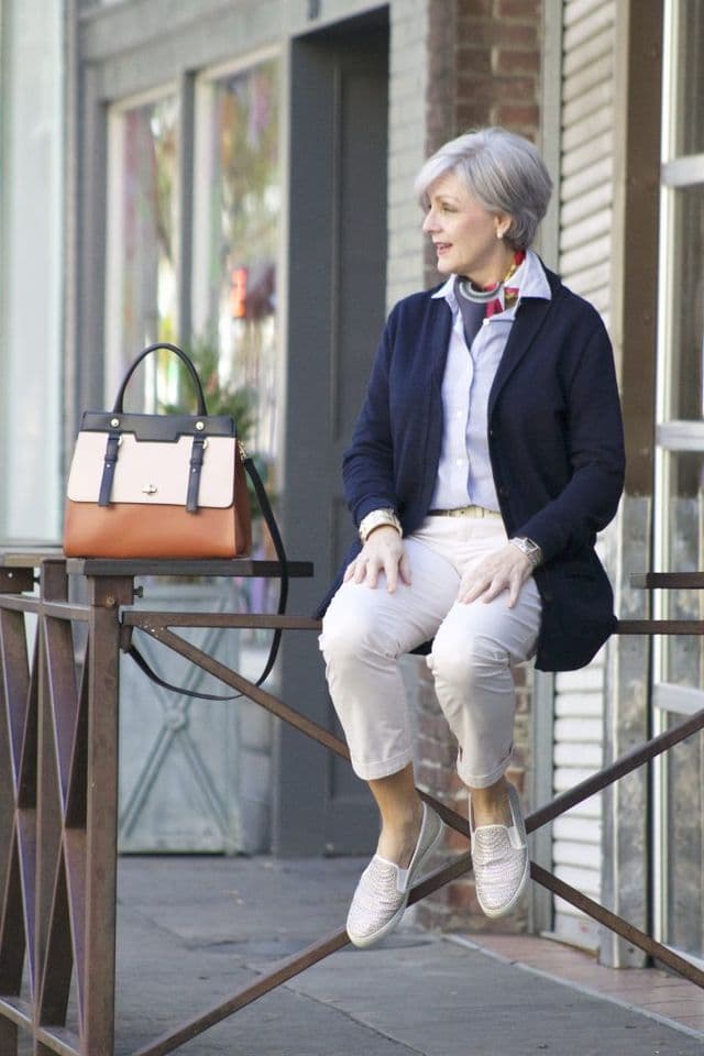 Simple casual outfit for 50 year old woman with a colored scarf