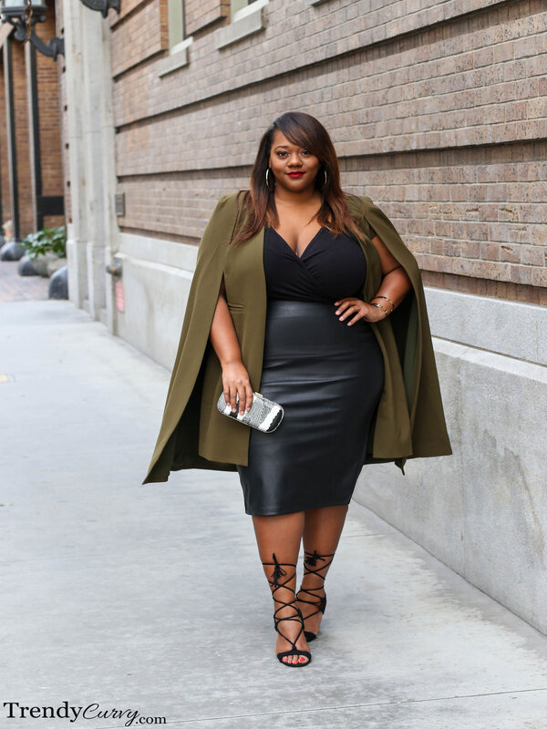 Plus size black leather skirt outfit